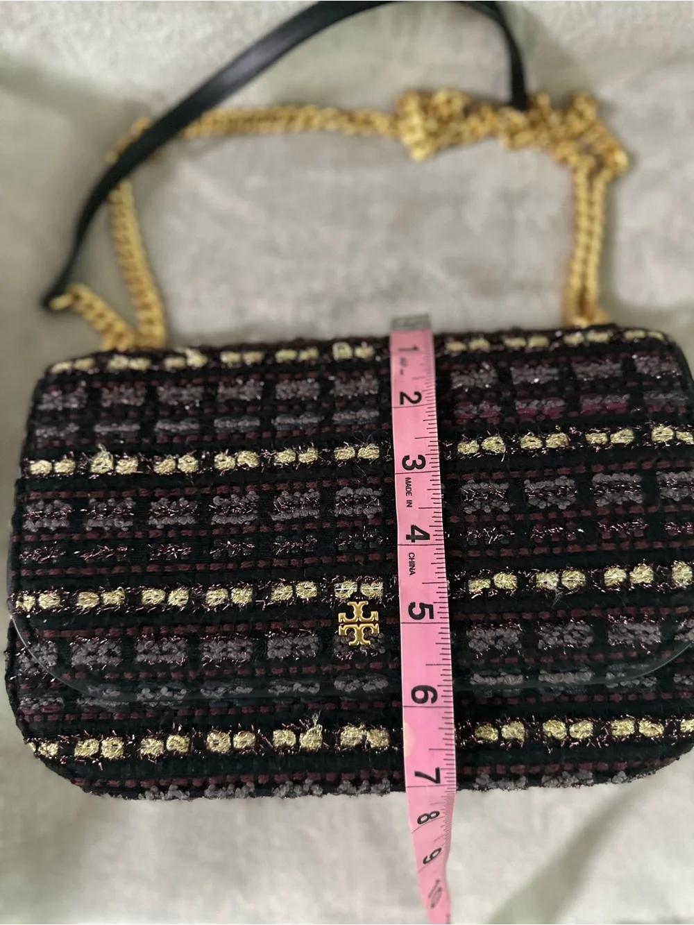 Tory Burch Black Tweed Chain Crossbody with Gold Hardware
